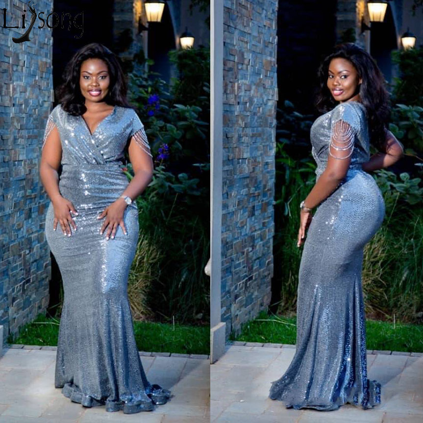 

Plus Size African Sequins Evening Dress Mermaid V Neck Short Sleeves Nigeria Prom Dresses Formal Gown with Tassel Abendkleider, Ivory