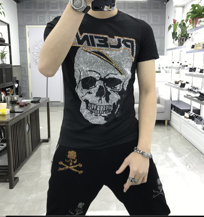 

2021 New Mew High Quality Skull Rhinestones Men Short Tshirt Fitness Casual Clothing 0aeb, As shown