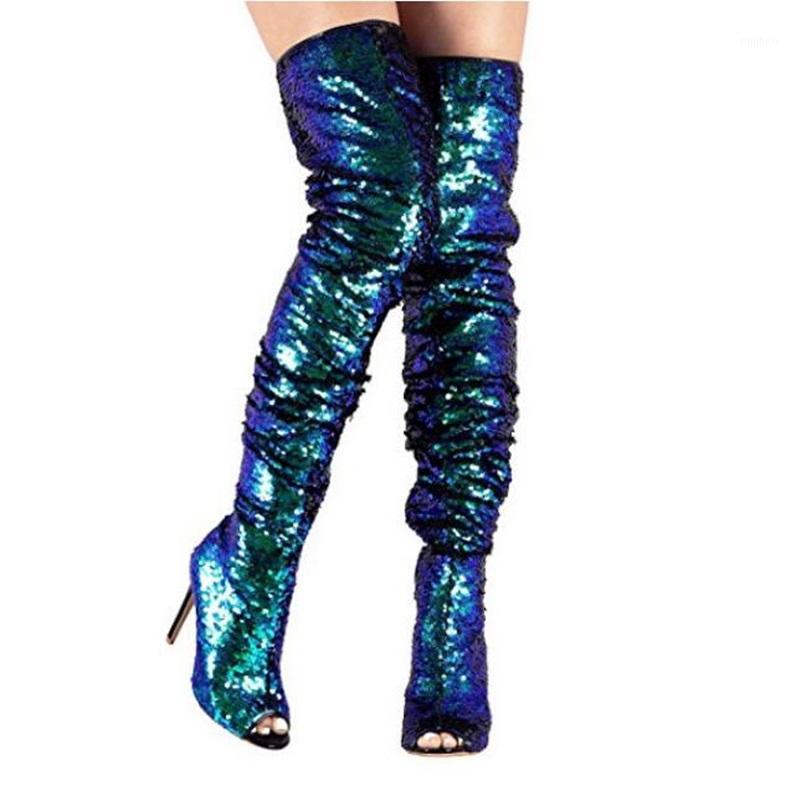 

Shoes Woman Sexy Bling Sequined Cloth Over The Knee High Boots Shoes Woman Heels 10 CM High Catwalk Gladiator Long Boots1, Gold