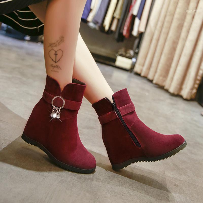 

Women Boots Slope Heightening Shoes Lean Shoe for Woman Ankle Boots Warm Platform Wedge Short Crystal Buckle 35-401, Red