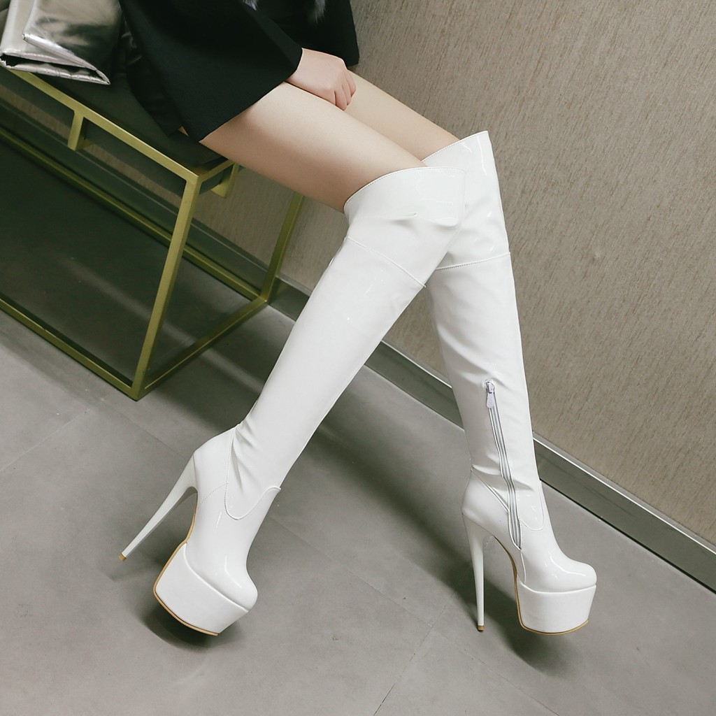 

2021 Woman On-the-knee Size 22-28 in European and Platform Sexy Long Fashion Boots Pointed to Patent 5TJJ, White