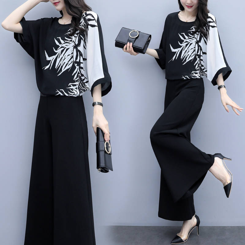 

Pant Ternos Work Ol 2 Piece of Chiffon Print Sets Shirt Leg Wide Pants Tuesdays for Women' Conjoin Spring 34hj, Black