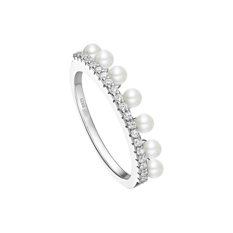 

Fashion Pure 925 Sterling Silver Skirt Hem Pearls Finger Ring Pave Cubic Zirconia Stones Women Party Jewelry