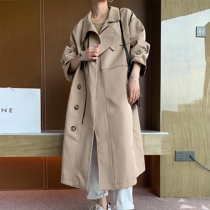 

quality Fashionable spark fall 2021 new splicing neckline brief paragraph coat female loose long trench coat, See chart
