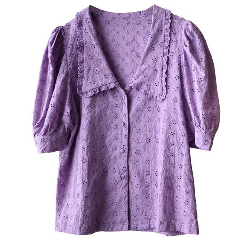 

CS898 New Design Ladies Peter Pan Collar Embroidery Hollow Out Short Sleeve Cotton Blouse Shirts Clothings, Purple