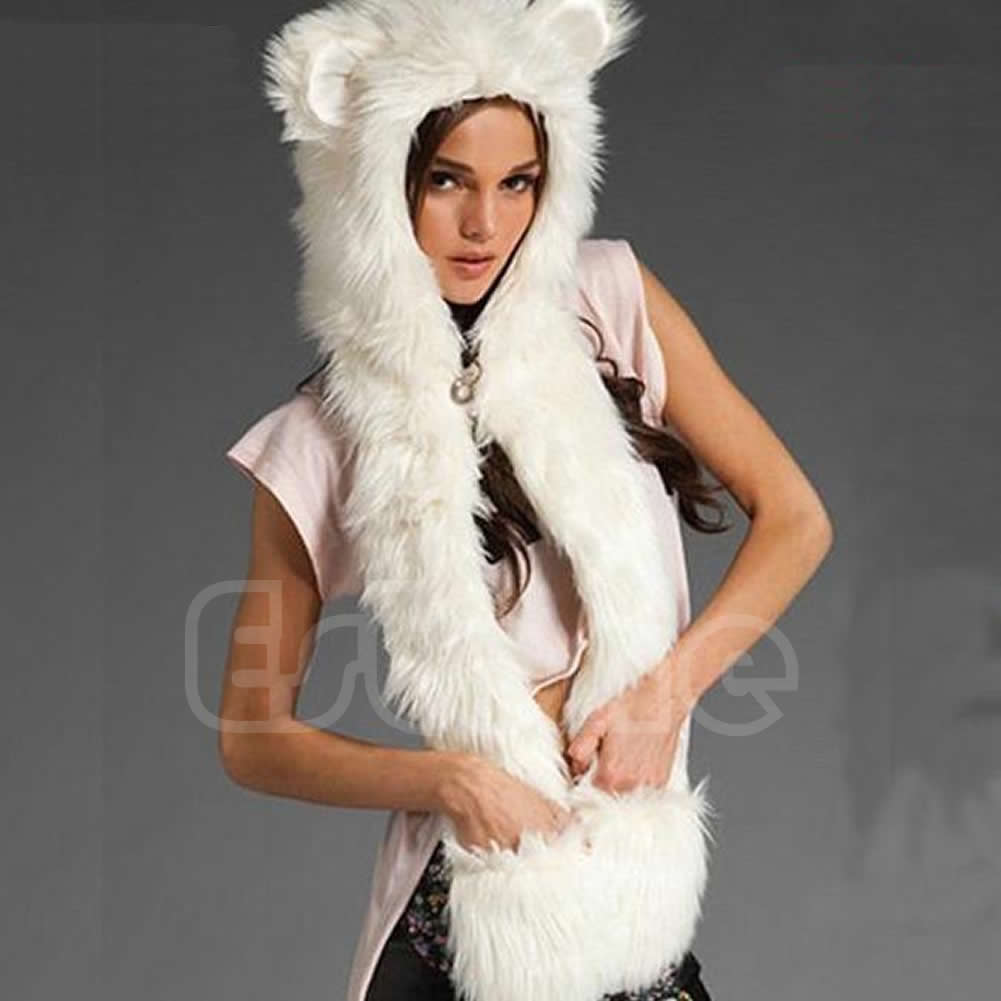 

Animal Warm Winter Faux Fur Hat Fluffy Plush Cap Hood Shawl Scarf Glove Dint