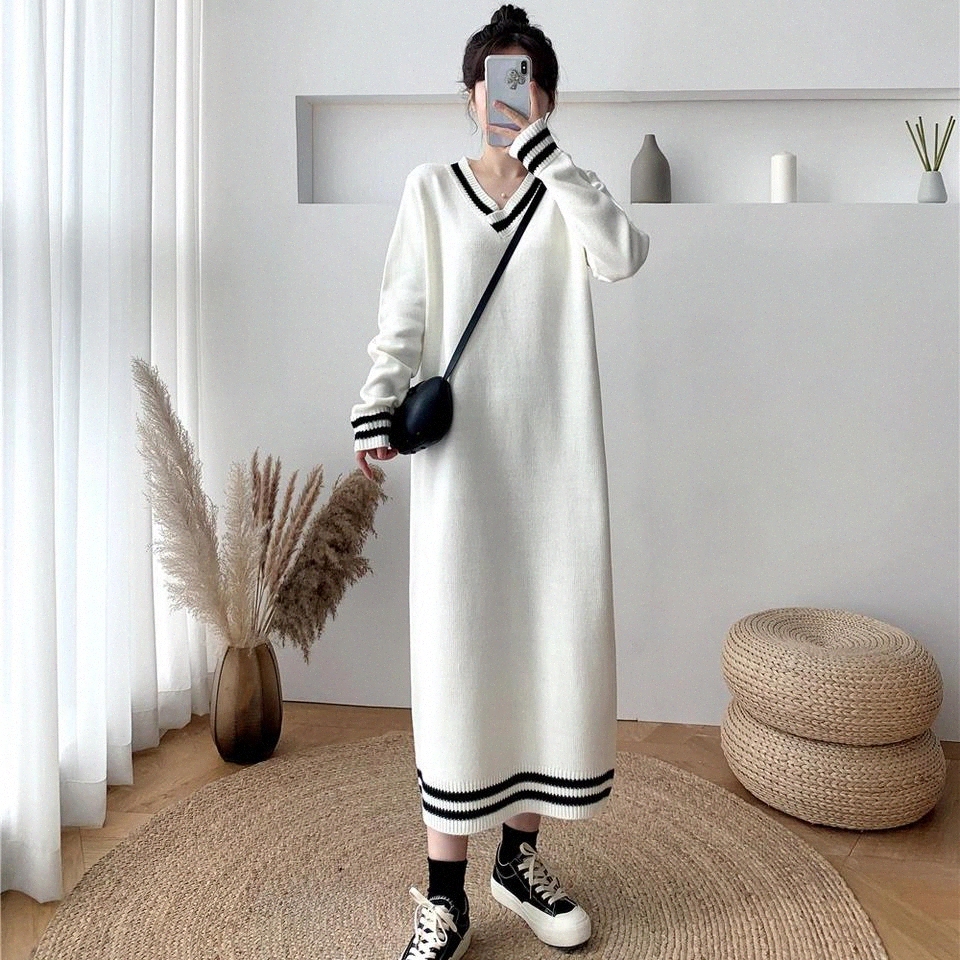 

JXMYY 2020 Autumn and winter high quality loose and thin v-neck knitted dress with coat sweater skirt women over the knee #rV6n, Black;gray
