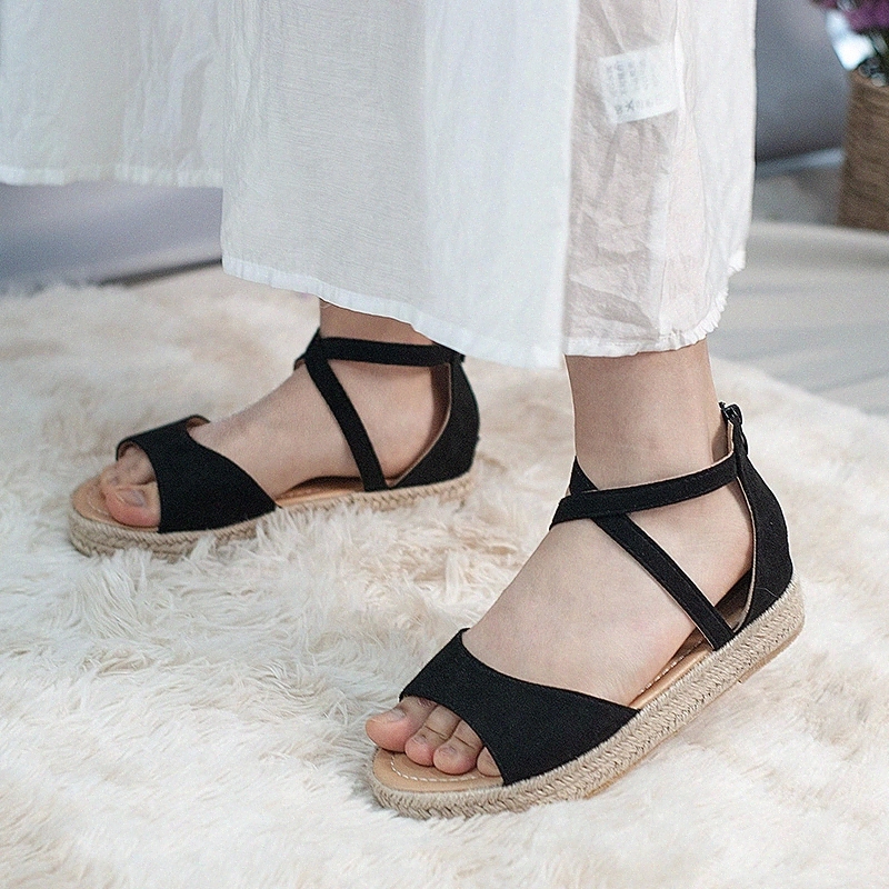 

Women Summer Zip Sandals Woman Hemp Flat Platform Cross Straps Female Beach Casual Peep Toe 2020 Women's Ladies Shoes Plus Size #rG3m, Black