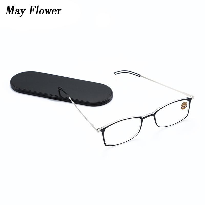 

Sunglasses May Flower Ultrathin Anti-blue Reading Glasses Light Portable Square Presbyopic Eyewear With Phone Case For Men&Women