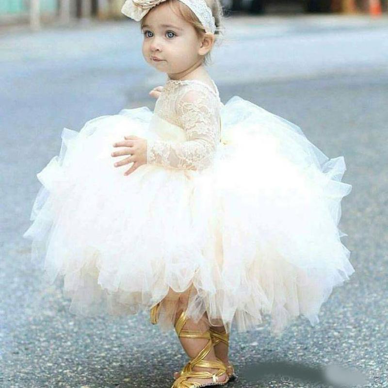 

2020 Vintage Flower Girls' Dresses Ivory Baby Infant Toddler Baptism Clothes With Long Sleeves Lace Tutu Ball Gowns Birthday Par, Black