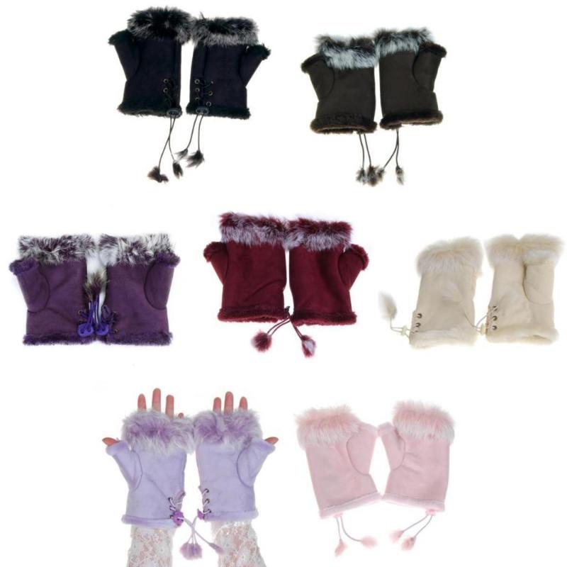 

Winter Women's Faux Suede Fur Mitten Hand Wrist Cape Fingerless Gloves