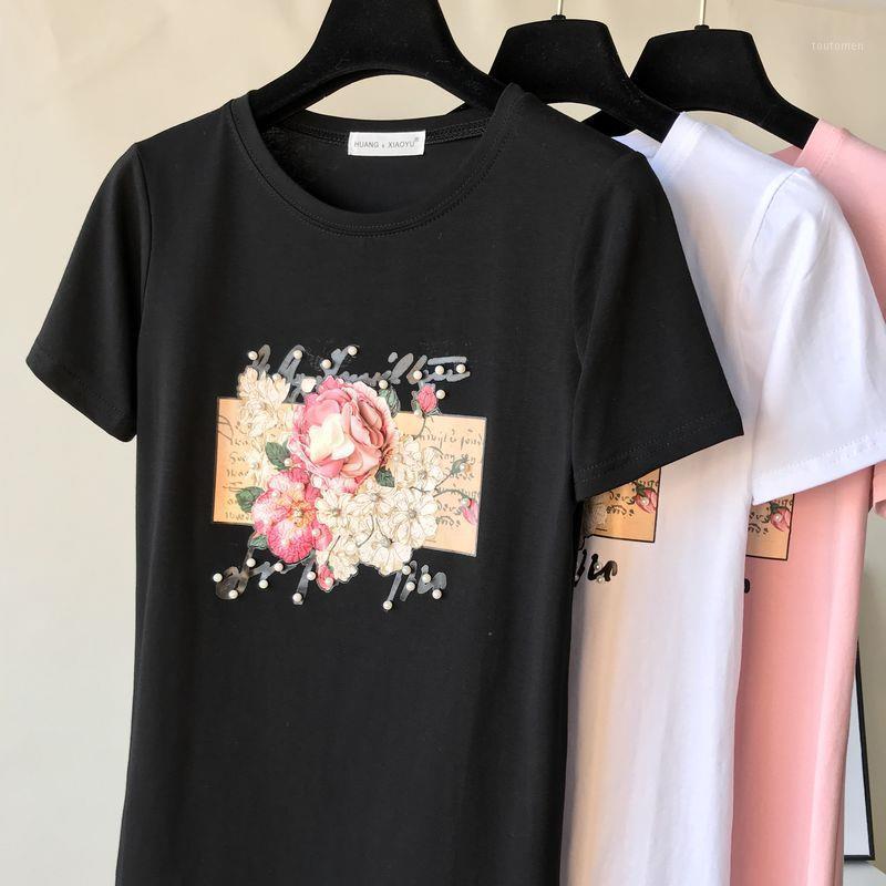 

Women' T-shirt three-dimensional flowers short-sleeved retro top female Roppa Muje top aesthetic beaded sequin print1, Black