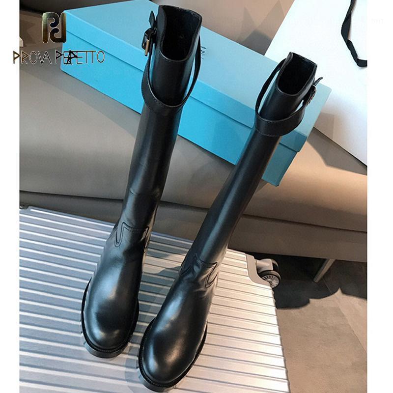 

Prova Perfetto Auutmn Winter Straight Flat-bottom Sleeve Boots Genuine Leather Thick-soled Knee-high Round Toe Motorcycle Boots1, Black