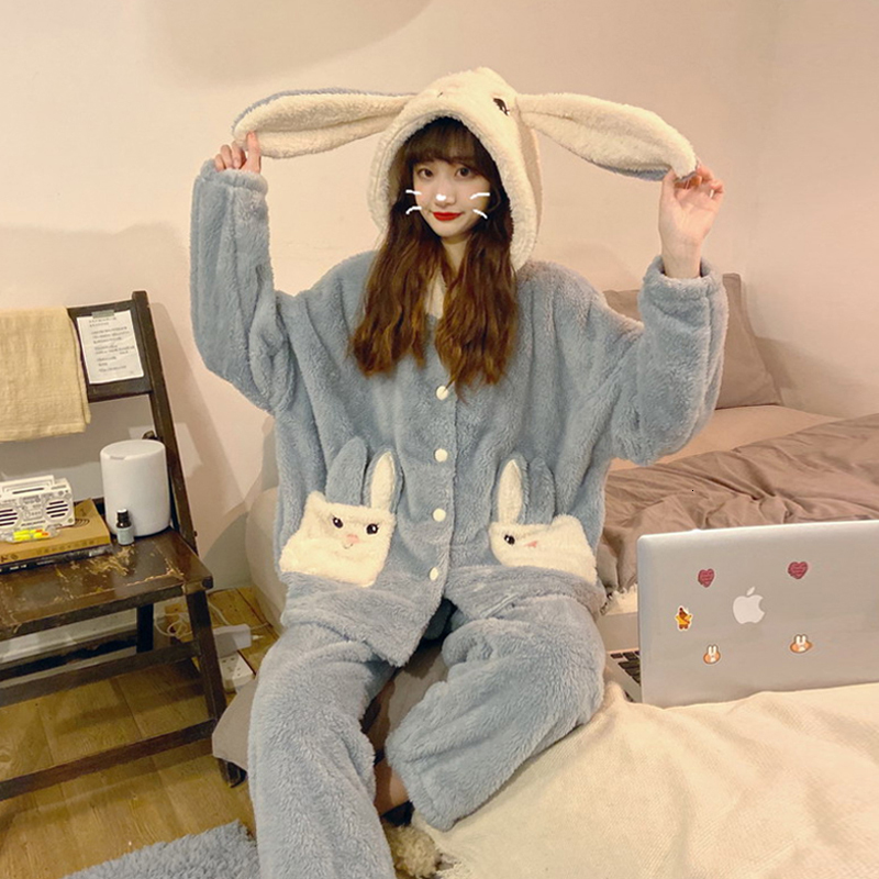 

2021 New Women's Winter Clothes From Cartoons Embroidered Ears Coral Hoodie Velvet Pyjamas Set Pieces XKKJ, Purple