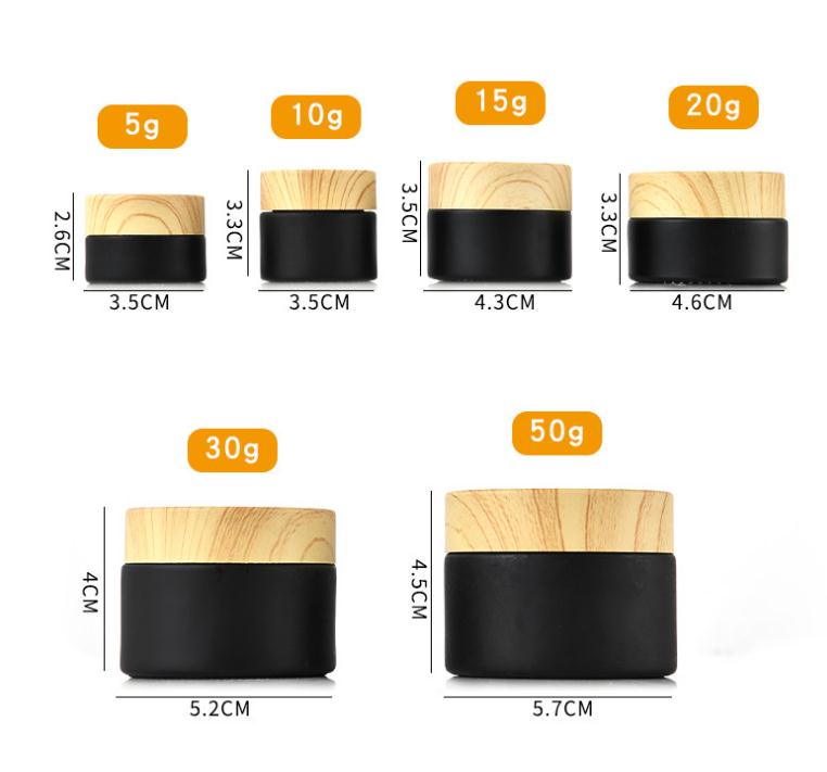 

black frosted glass bottle glass jars cosmetic jars with woodgrain plastic lids PP liner 5g 10g 15g 20g 30 50g lip balm cream containers