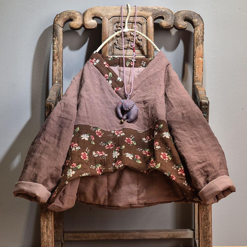 

Johnature Women Print Floral Vintage Pullover Parkas V-Neck Long Sleeve Linen Coats 2021 Autumn Winter Original Female Parkas, Black