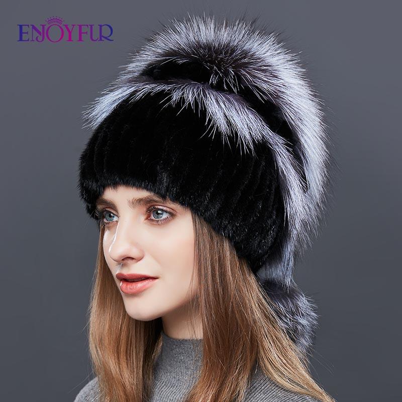 

ENJOYFUR Double Warm Real Natural Hat Female Mix Color Sliver Fur Women Winter Hats Double Pompom Luxury Beanies, 01