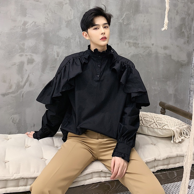 

2021 New Springtime Alt-flounce Designer Shawl with Loose-fitting Long-sleeved Pullovers on Both Sides Popular Male Shirt . I9M8, White