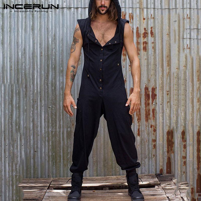 

INCERUN Leisure Solid Jumpsuits Sleeveless O Neck Jumpsuits Mens Hooded Bodysuit Man Sexy Buttons Overalls Streetwear Plus Size, Black