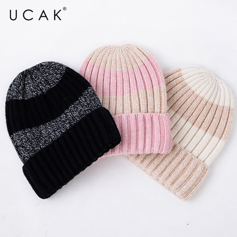 

UCAK Brand Hat Striped New Beanie Autumn Winter Pure Wool Casual Soft Warm Knitted Hats Women SkullCap Caps 3 Colors Beanies A5, Black