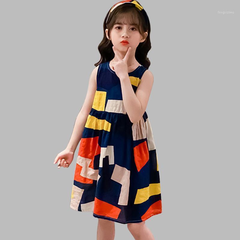 

Summer Dress Girl Geometric Party Dress For Girls Sleeveless Children Dresses O Neck Casual Style Girls Clothes1, As picture