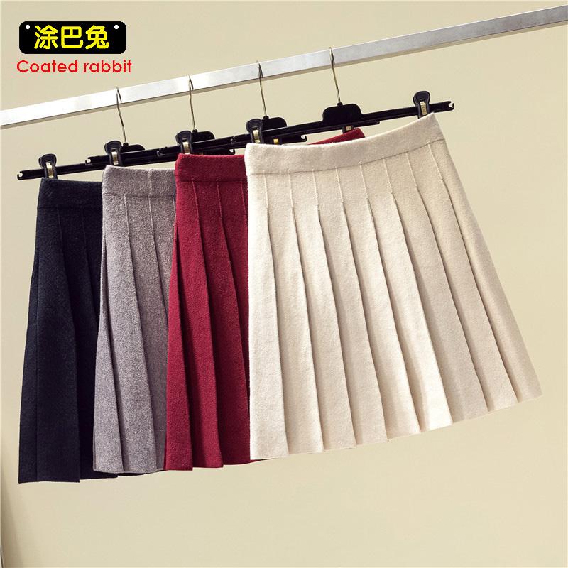 

CR Women Girl Knitted Pleated Skirt Y2K Autumn Winter Solid High Waist Mini School Skirt, Beige