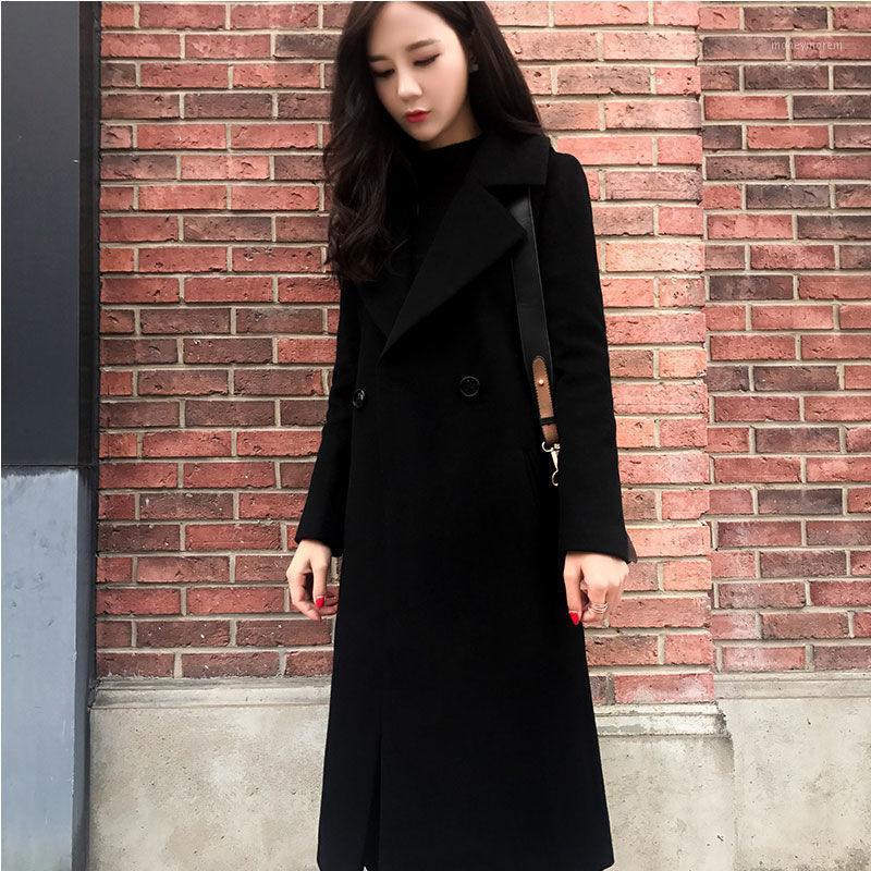 

2021 New Winter Women Vintage Solid Office Lady Long Sleeve Button Woolen Coat Abrigos Mujer Invierno Thicken Warm Overcoats h261, Black
