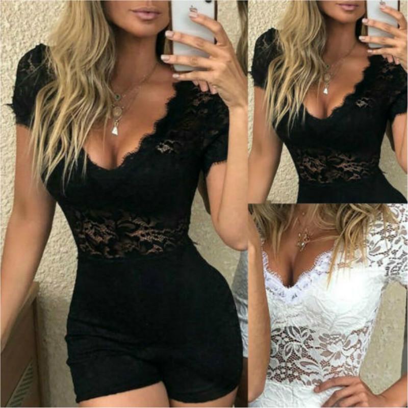 

Women' Bodycon Jumpsuit Romper Clubwear Casual Rompers Ladies Bodysuit Bodysuit Lace V Neck Short Sleeve, Black