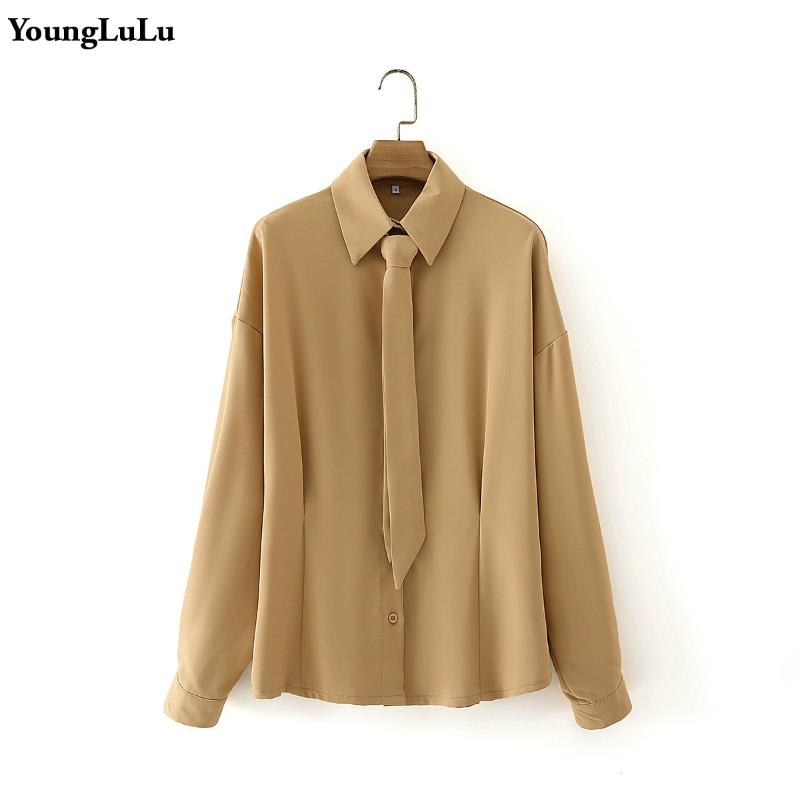 

2021 Vintage Necktie Solid Color Shirt Jackets For Women Shirts Ladies Loose Elegant Tops Blouse With Belt Clothing Fall New, Khaki