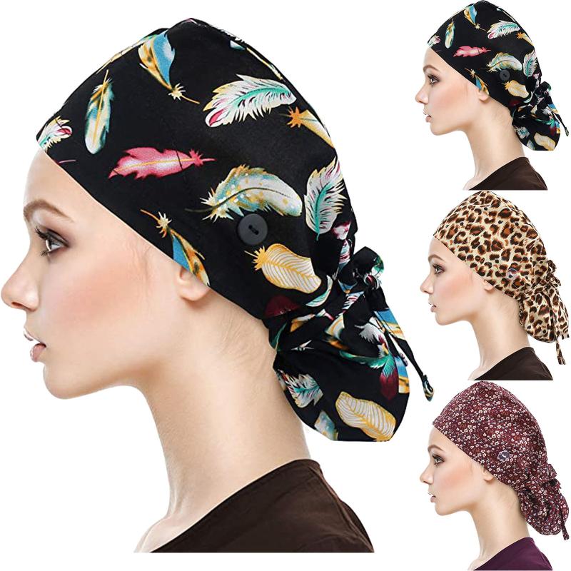 

Unisex Scrubs Hats For Women Accessories Cotton Printed Hat Gourd Caps Bandage Buttons Sweatband gorro enfermera L*, As shown
