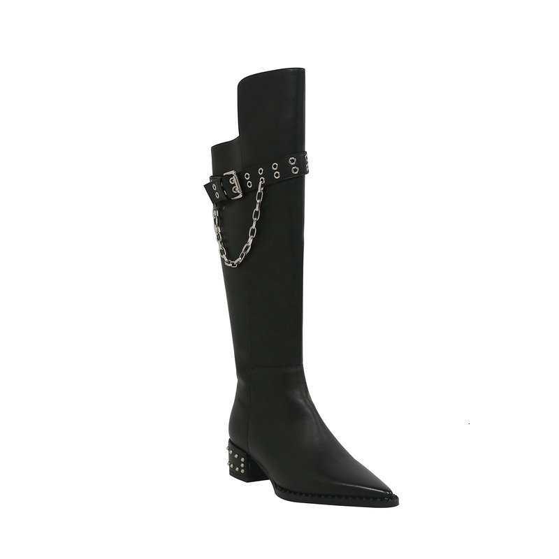 

2021 New Women Knee Autumn Winter Warm Genuine Leather Party Office Shoes Woman Side Pointed Toe High Boots Iych, Black