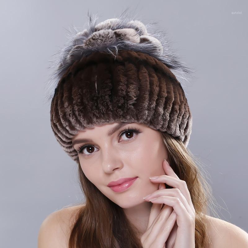 

Causal Winter Fur Beanie Hat for Women Real with Fur Pom Poms Flower Handmade Knitted Beanies Warm Cap Hats1, Brown