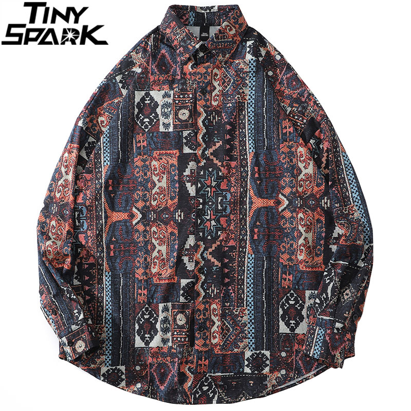 

Hip Hop 2020 Men Streetwear Oversized Shirt Shirt Retro Vintage Pattern Oversize Long Sleeve Loose Aloha Shirt, A66311