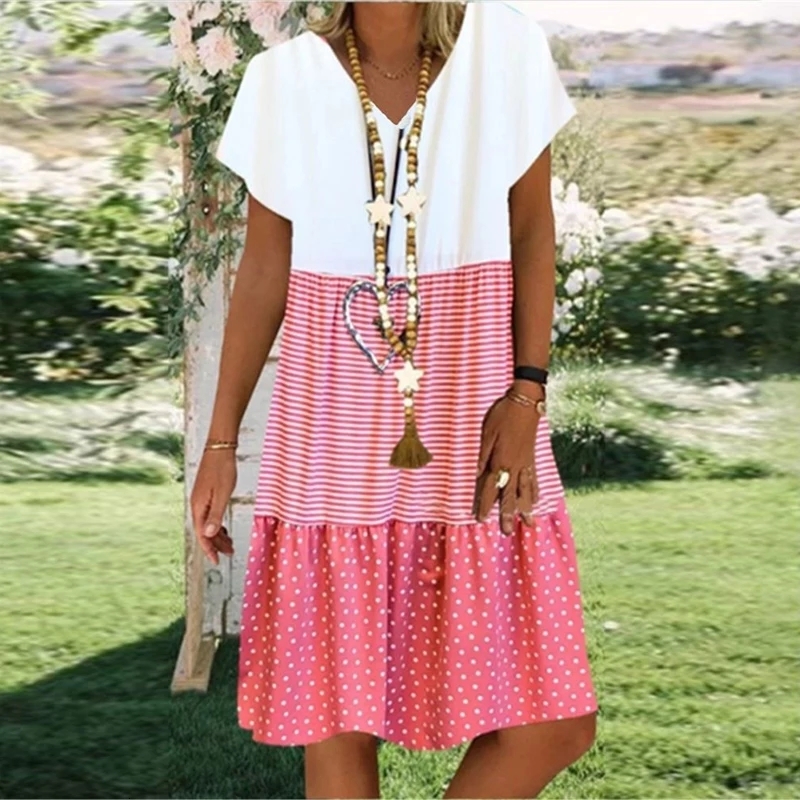 

2021 New Summer Loose Women Striped Dot V-neck Short Sleeve Fashion Large Ladies High Waist Casual Plus Size 3b98, Red