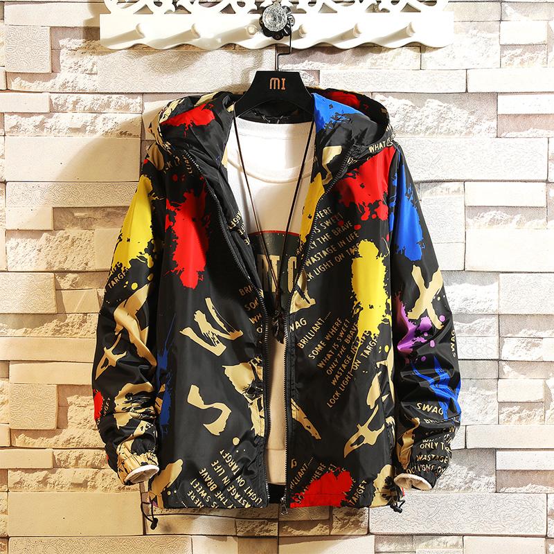 

Men's Hooded Jacket 2020 Spring and Autumn Korean Loose Camouflage Graffiti Overalls Hip-hop Casual Jacket, 1920 red yellow blue