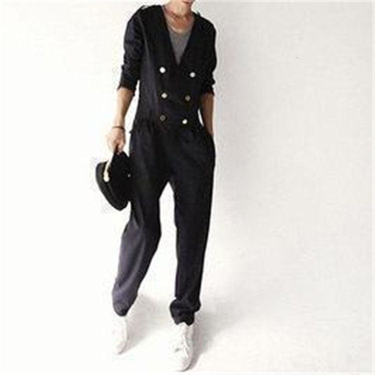 

2021 S-6xl!! New Southern Korean Version of Men's Business Suit with Occasional Long-sleeve Jumpsuit J6O6, Black