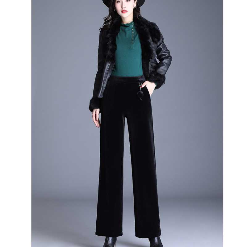 

Autumn Winter Women Wide Leg Pants Plus Velvet Golden Velvet Fashion Trousers Office Lady Loose High Waist Casual Straight Pants, Black