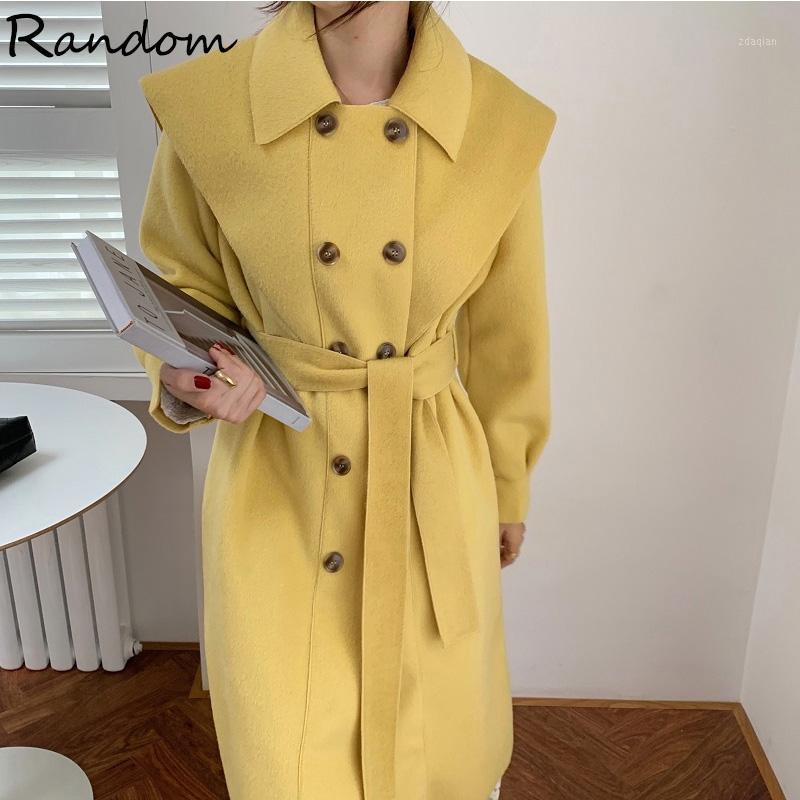 

Elegant Solid Long Double-sided Wool Coat Women Double breasted Loose Pocket Coat Vintage Hem Chic Jacket Winter Warm Blend 20201, Black