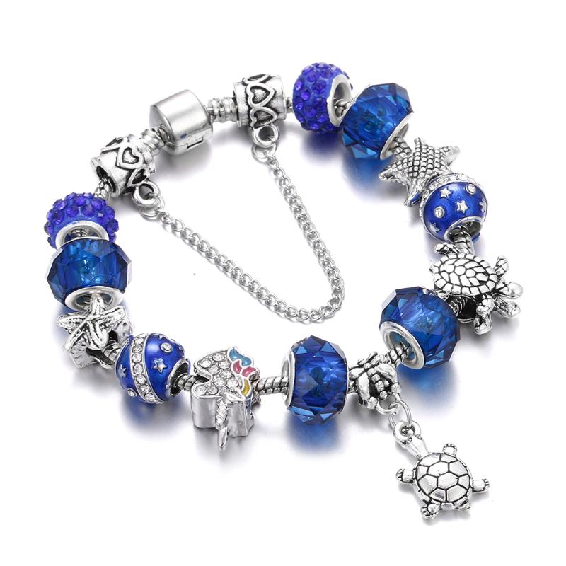 

Women Blue Ocean Summer Style Bracelet Blue Crystal Beaded Dragonfly Heart Key Charm Bracelets&Bangles Fit Brand Jewelry Gifts