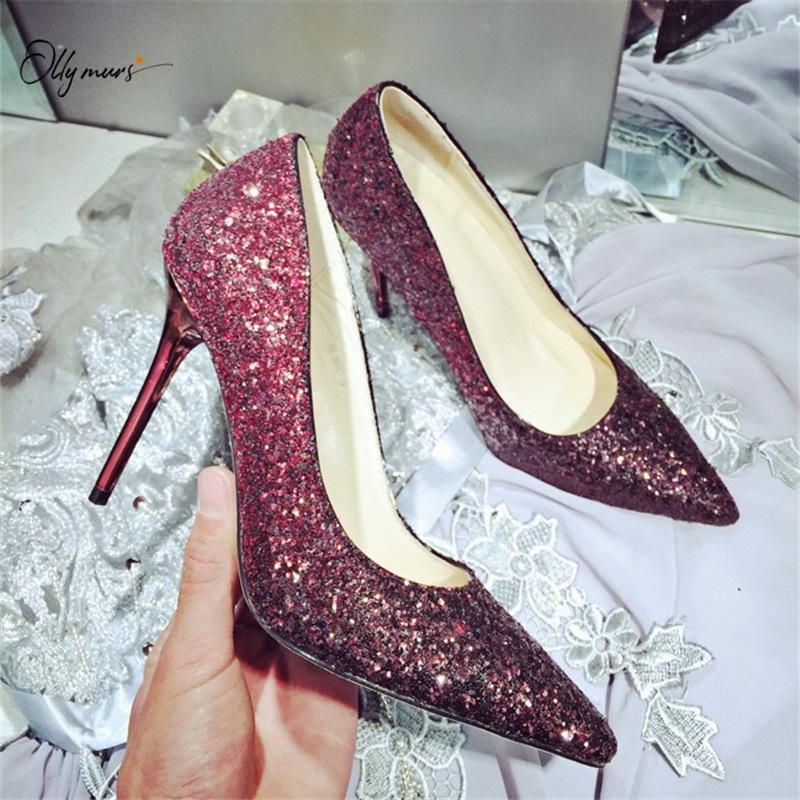 

OllyMurs New Style Spring Summer Blingbling Surface Women Pumps Sexy Pointed Toe Slip On Thin High Heel Pumps Party Shoes Woman, As pic
