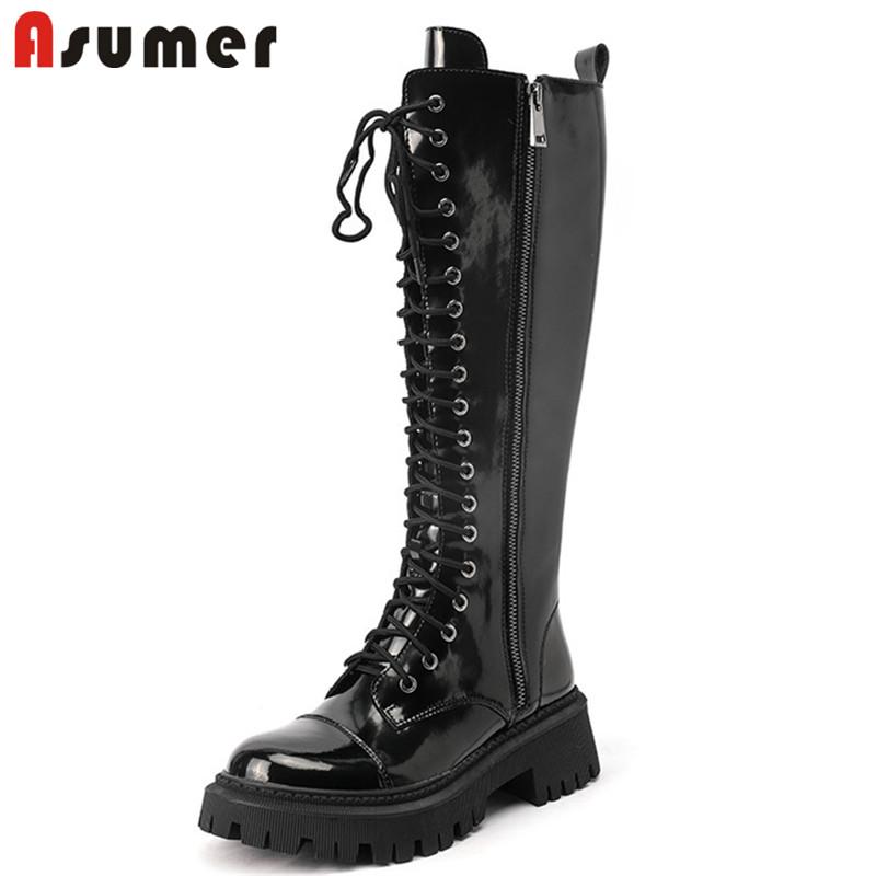 

Asumer 2021 New Fashion Motorcycle Boots Women Genuine Leather Shoes Cross Tied Zip Thick Heel Autumn Knee High Boots Women, Black with fur