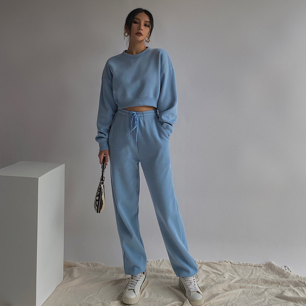 

New Fashion 2021 Spring Two Piece Set Women Tracksuits Harajuku Sweatshirts Elastic Waist Sweat-shirt 6m3v, Blue