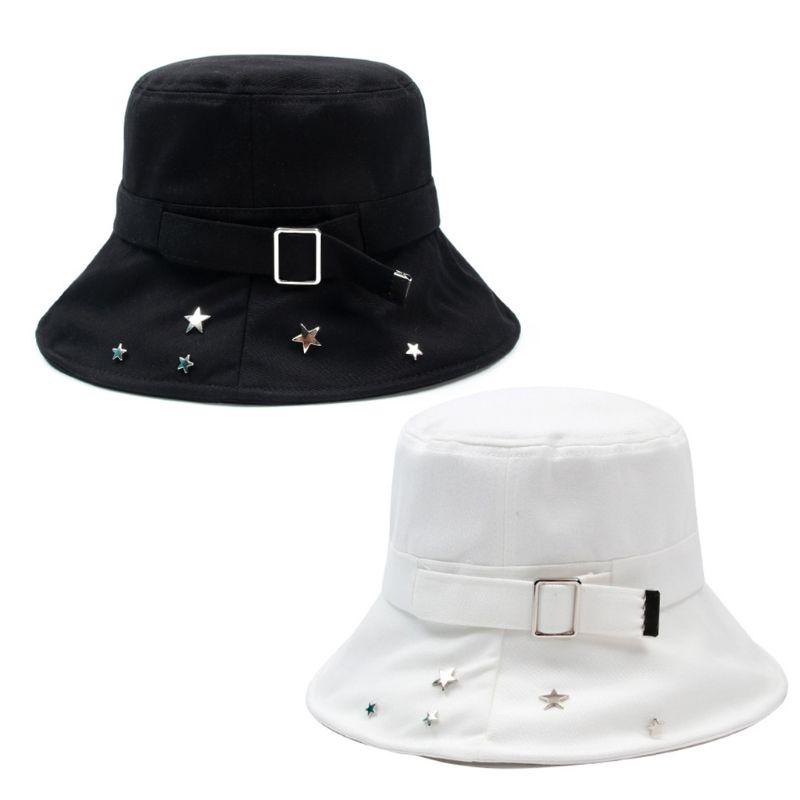 

Women Star Rivets Harajuku Bucket Hat Metal Buckle Strap Fisherman Cap 2XPD, White