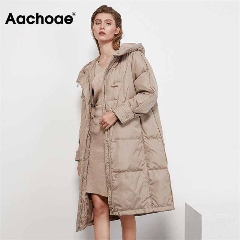 

Aachoae Winter Women Coats Solid Color Fashion Long Down Jacket With Zipper Long Sleeve Button Thick Warm Hooded Coat 201127, Black