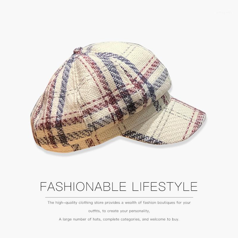 

Autumn and winter retro beret female British Japanese western style striped lattice octagonal painter hat1