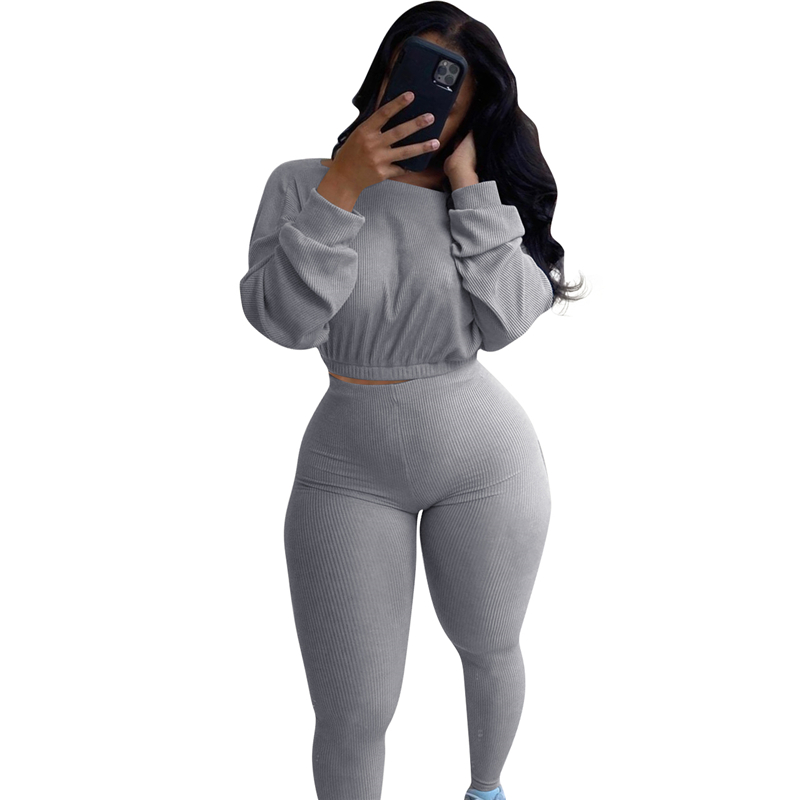 

2020 Fashion 2 Pcs Women' Long Sleeve Sportswear Solid Color Elastic Ribbed Crop Top Tight-fitting Long Pant Outfit Tracksuits, Yellow