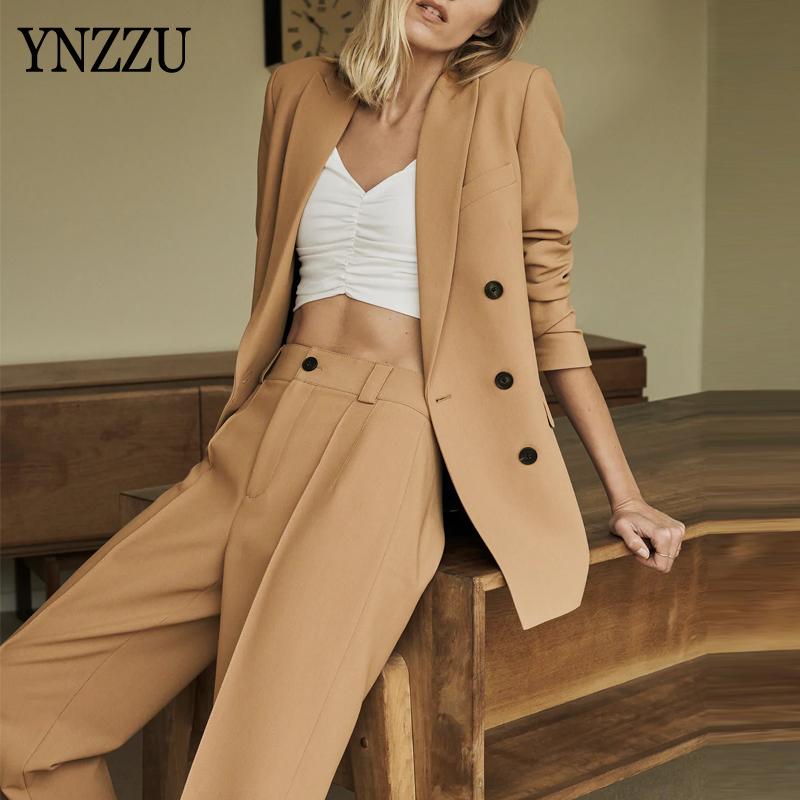 

Women Work Suits Khaki Two Piece Set for Female Business uniform Loose Blazer Jacket and Pencil Pant Office Lady YNZZU 9O244, As picture show
