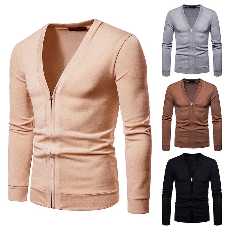 

2020 Brand New Men' Jackets Sweater Large-size Zipper for Male V-neck Knitted Sweater Jacket Clothing, Beige