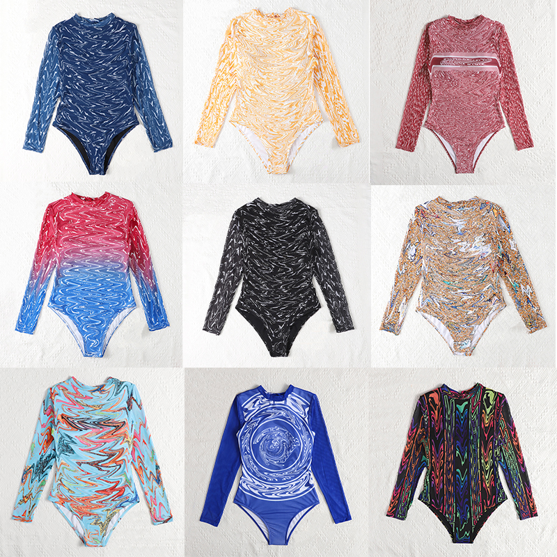 

One Piece Swimsuit Women Designer Swimwear Long Sleeve Printed Female Bathing Suit Surfing Bodysuit Swim Wear Beach, 2106