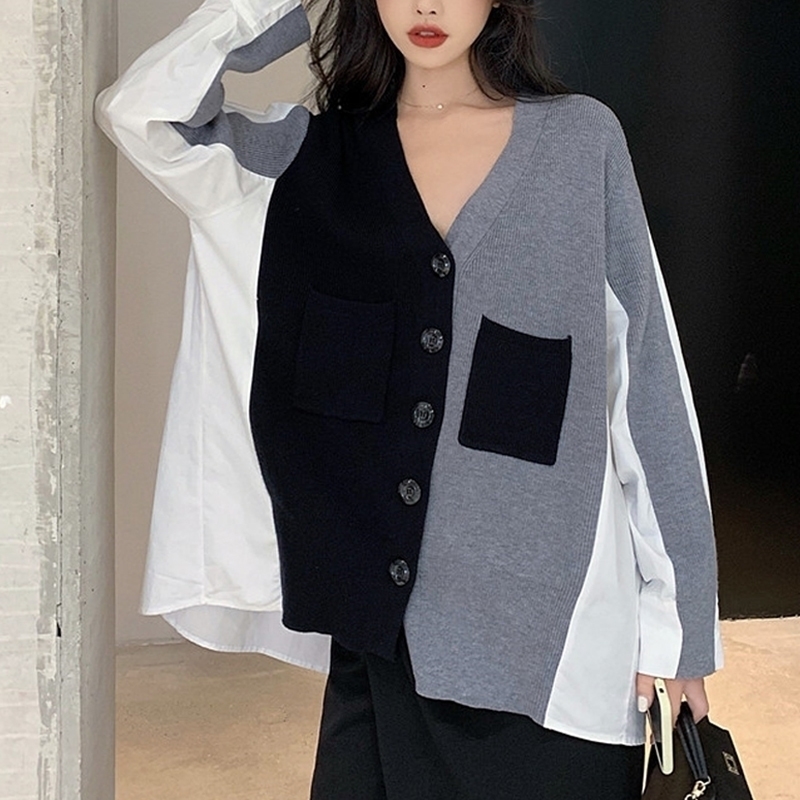

Women's sweaters spring autumn loose V-neck stitching sweater cardigan jersey mujer pull femme nouveaute punk jumper female 201130, Black white gray